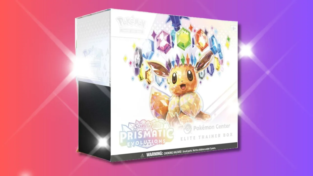 Caixa elite trainer Prismatic Evolutions aberta, exibindo cartas brilhantes e o selo da Best Buy ao fundo