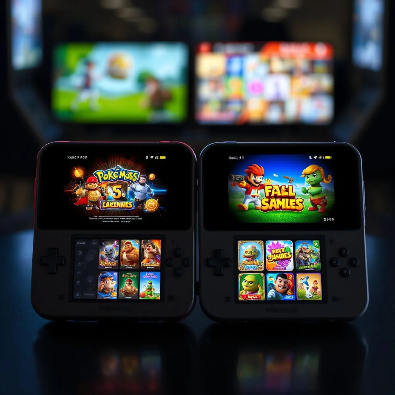 Handheld Anbernic RG DDS aberto, exibindo duas telas com gameplay de Kirby, Zelda e Monster Hunter