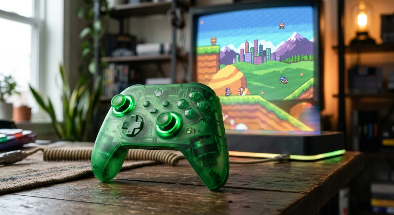 Controle verde translúcido de edição 25 anos do Xbox sobre fundo dinâmico que remete ao design do console original