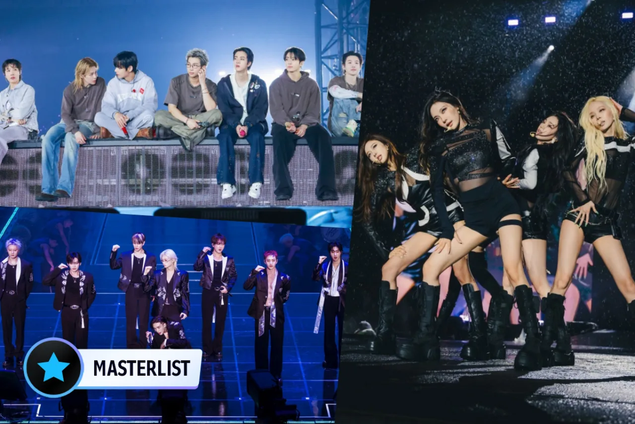 BTS, aespa, BIGBANG e TXT posam juntos diante de um banner colorido com o título “2027 K‑Pop Tour Masterlist”