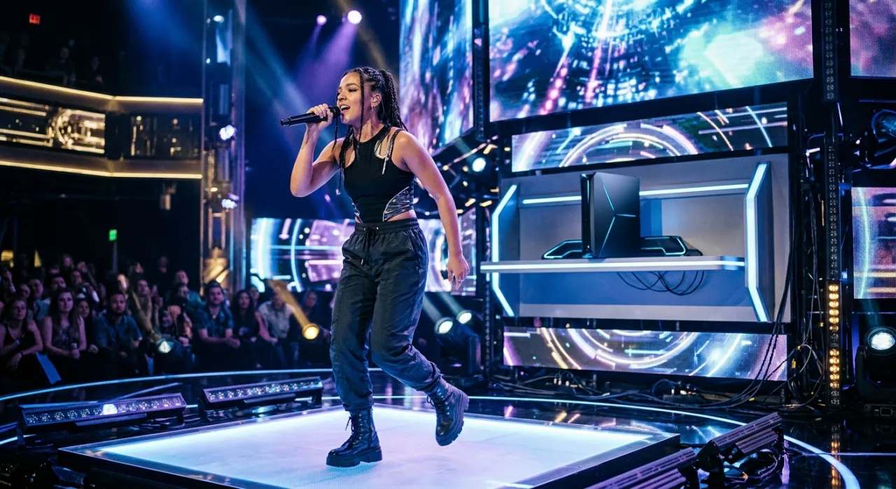 Lisa aparece ao lado de um PS5 branco, com o logo da PlayStation iluminado ao fundo