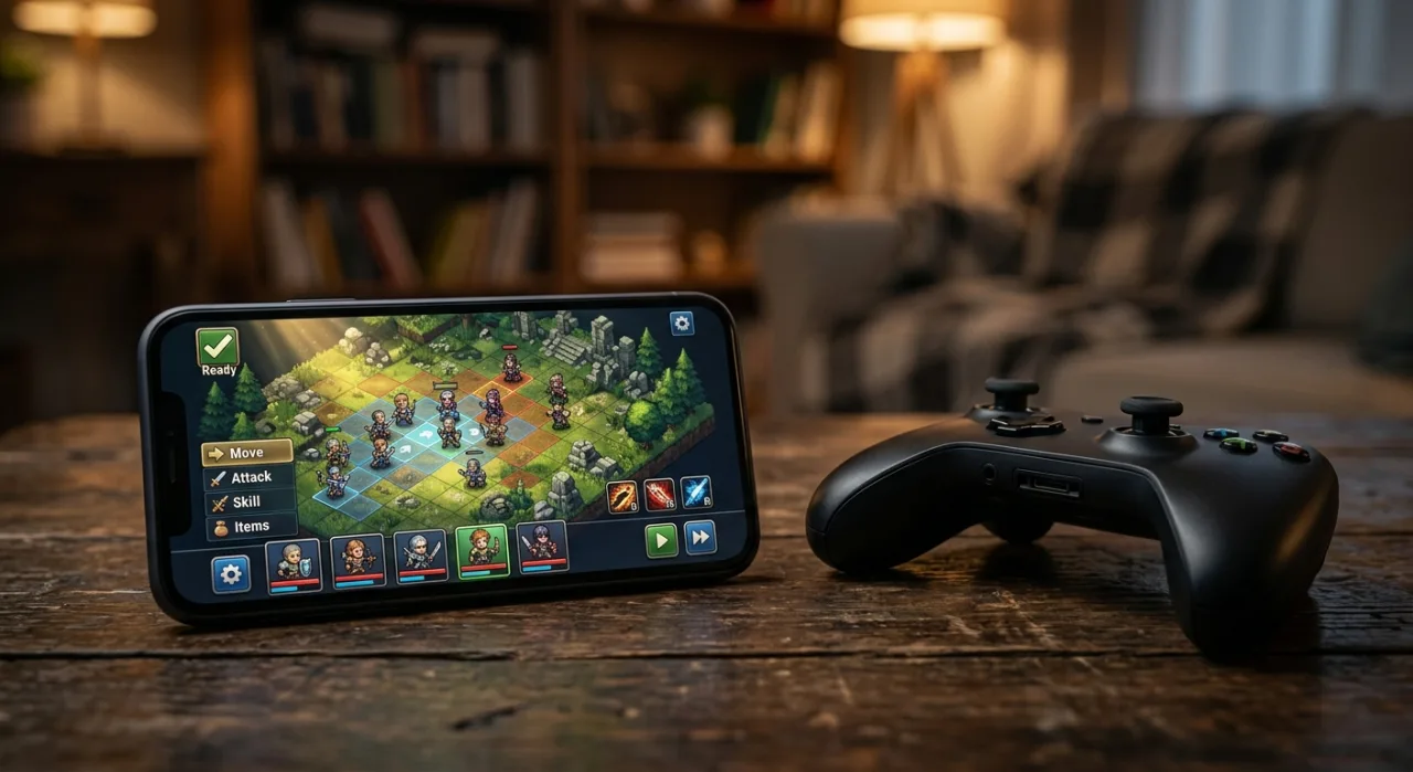 Tela de celular com Final Fantasy Tactics, ícone de controle e personagens em batalha ao lado do logo Square Enix