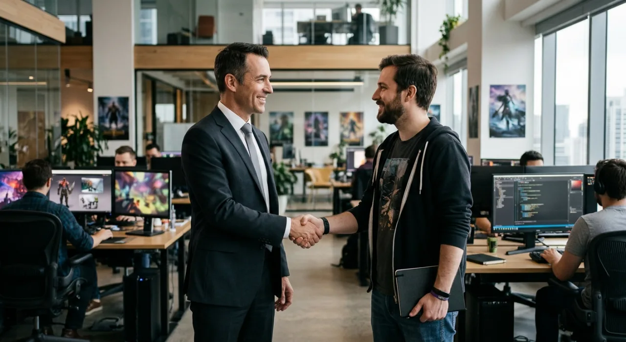 Matt Hall sorrindo ao lado do logo da Atari, segurando um smartphone com ícones de jogos