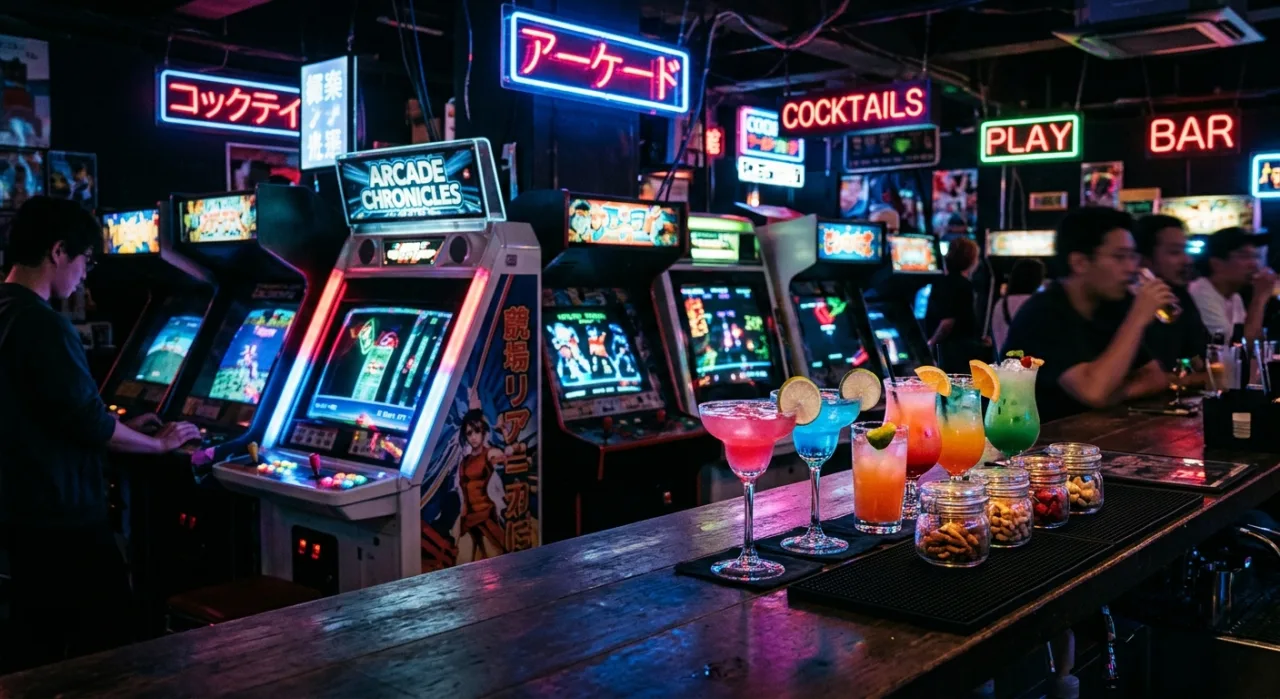 Neon rosa ilumina a fachada do NQ JPN, com máquinas arcade japonesas e logo em kanji no balcão de Soho
