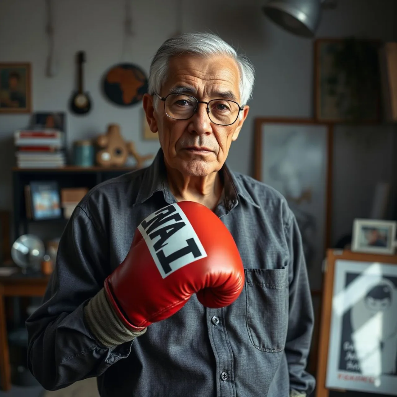Retrato de Tetsuya Chiba ao lado da capa original de “Ashita no Joe” com o personagem Joe Yabuki