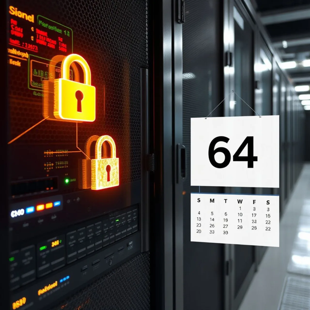 Logotipo da Let’s Encrypt ao lado de um cadeado e um calendário marcando 64 dias