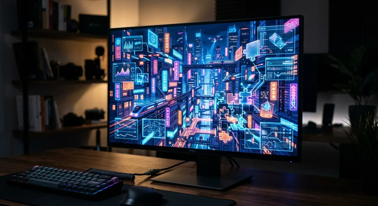 Captura da demo de Goodbye Seoul mostra a protagonista em uma rua neon de Seul, com o logo do jogo ao fundo
