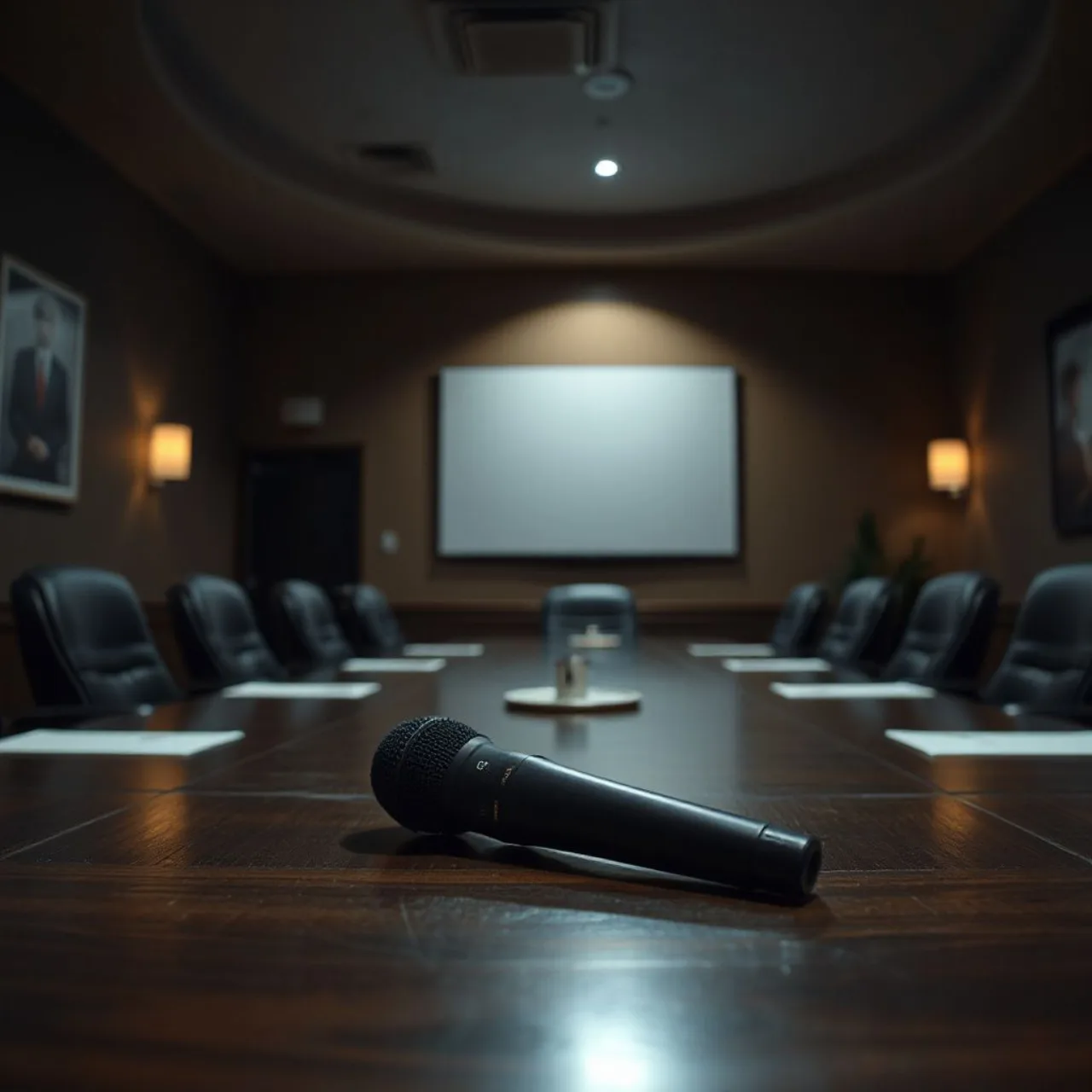 Sala de reunião da OpenAI com mesa de vidro, gravador discreto sobre o tampo e um homem em terno sendo algemado