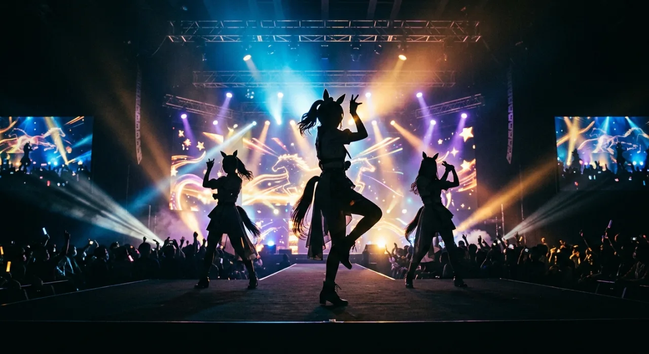 Personagens de Uma Musume em trajes de corrida, sobre um fundo de palco com banner “Cancelado” e bandeira dos EUA