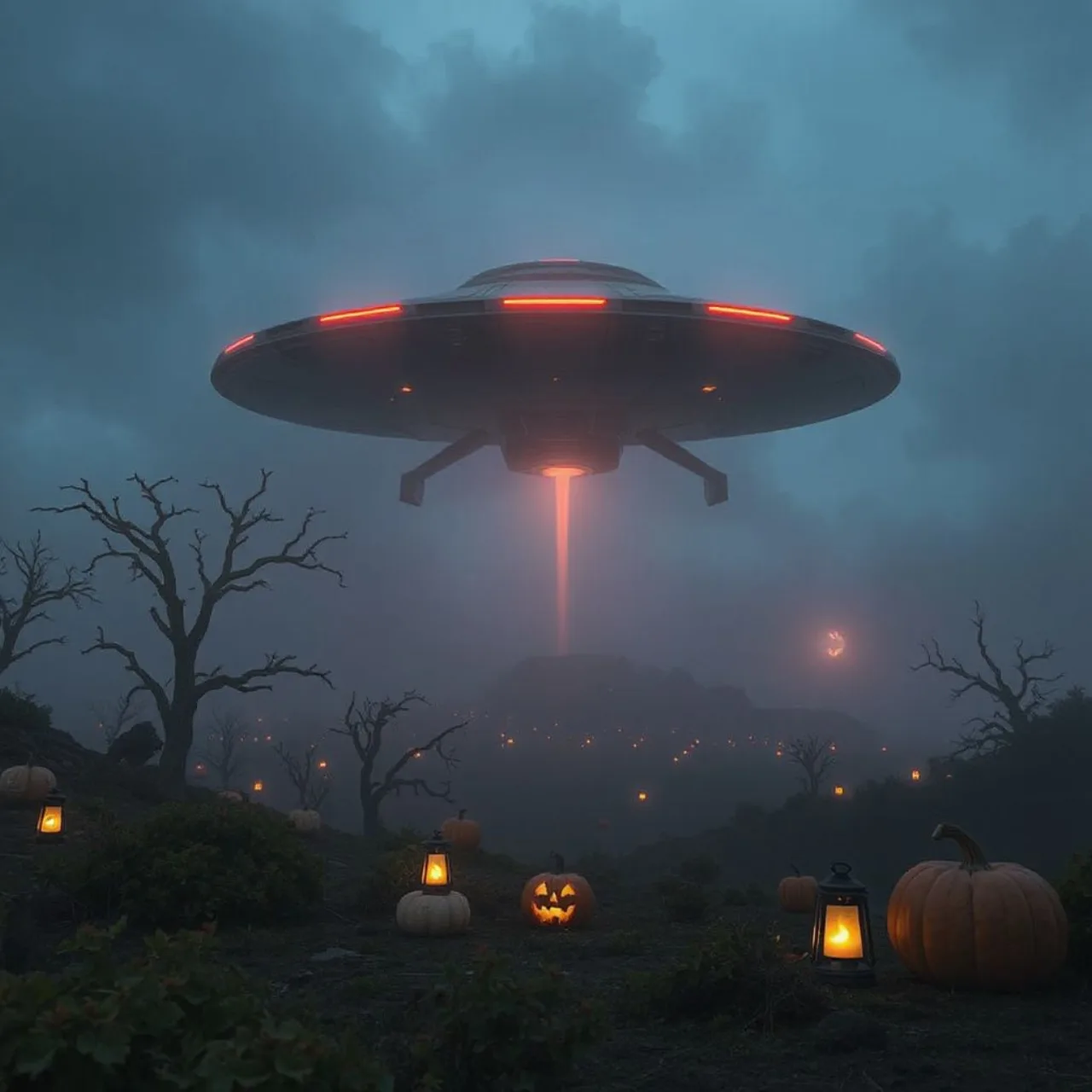 Cena de No Man's Sky com planeta escuro, lanternas laranja e criaturas fantasmagóricas ao fundo