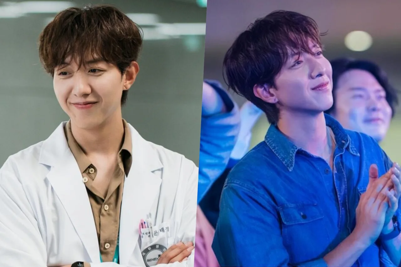 Lee Jung Shin como Moon Tae Kyung, de jaleco branco, sorri ao lado do logo de “What a Boss Wants”
