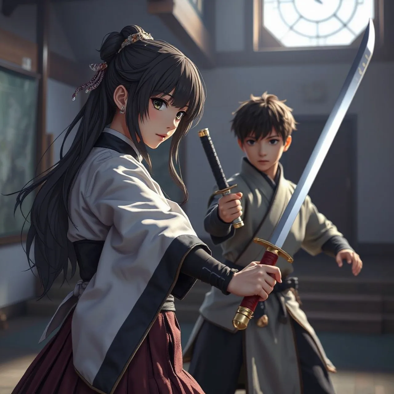 Personagens principais do anime empunhando espadas, com o logo colorido de My Sword Saint Master ao fundo