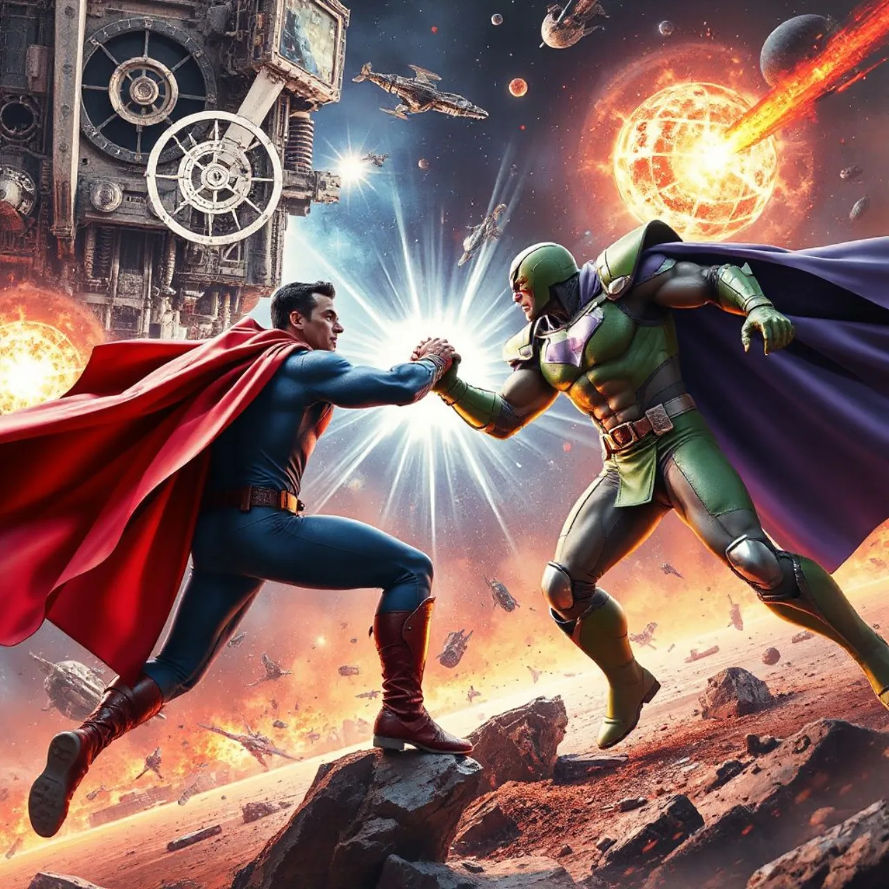 Superman triunfante cercado pelos corpos derrotados da Família Fantástica, Capitão Marvel, Thor, Hulk e Homem‑Aranha