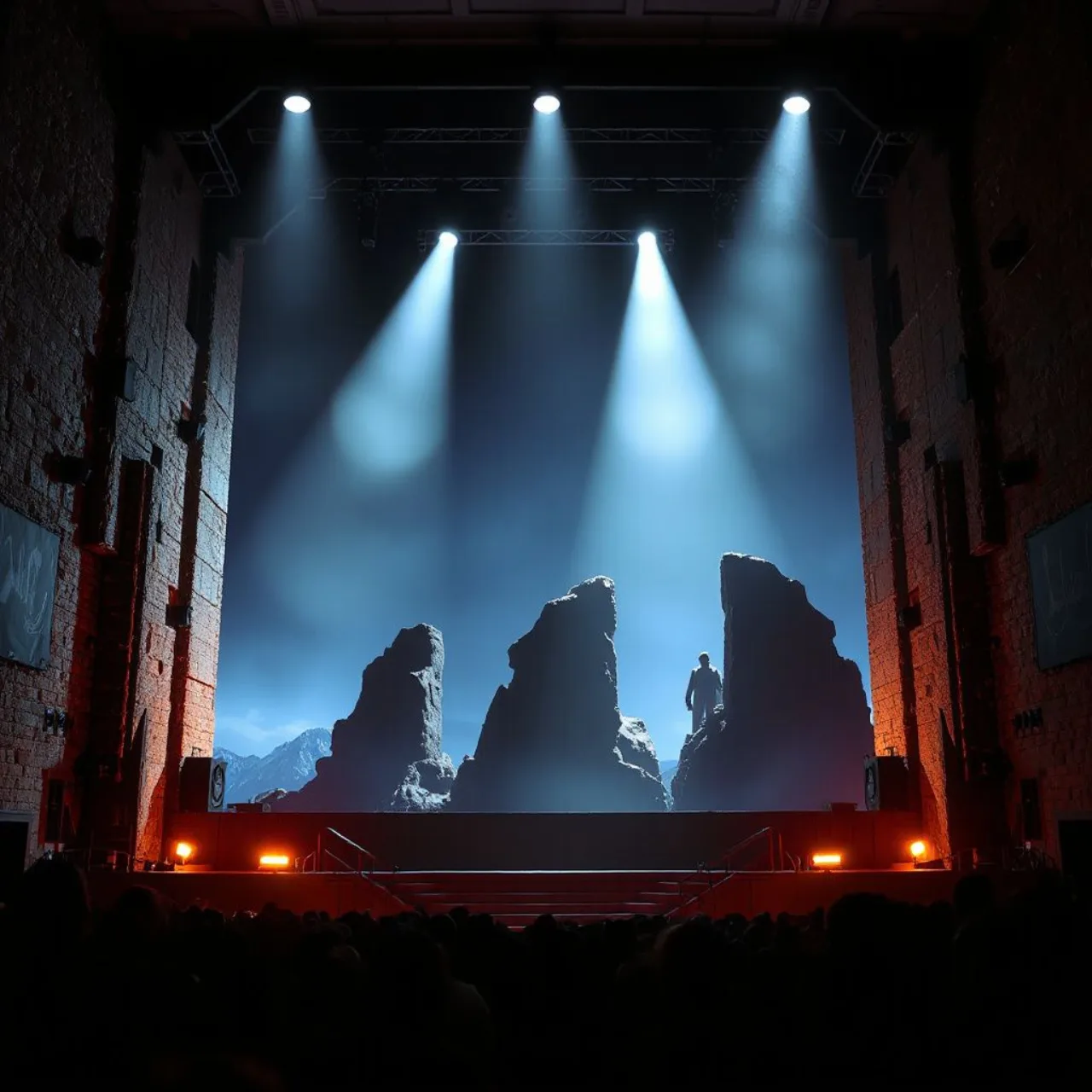 Eren, Mikasa e personagens de Attack on Titan posam no palco com cenário de Titã, ao fundo a skyline de Cingapura