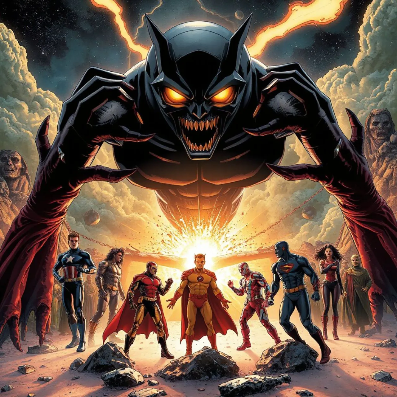 Capa de quadrinho The Last Avengers Story mostra os Vingadores reunidos em pose sombria