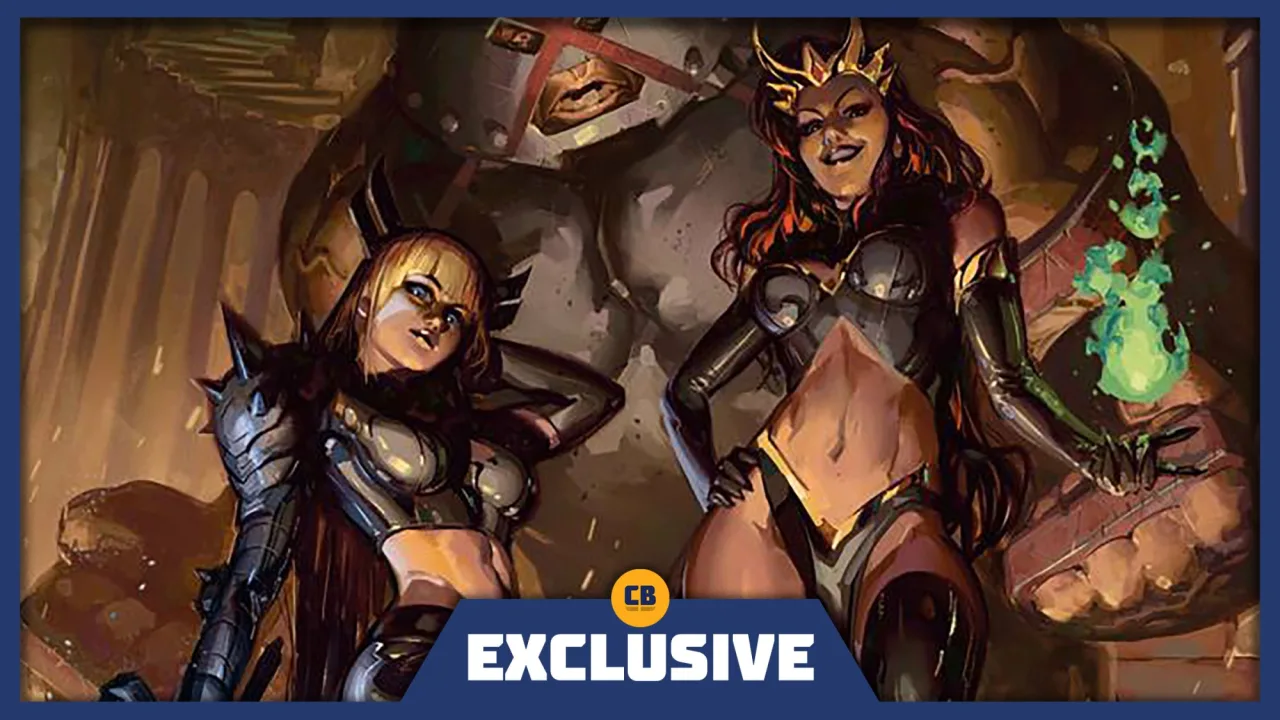 Magik empunhando sua espada mística ao lado de Madelyne Pryor, confrontando um demônio sombrio em fundo infernal