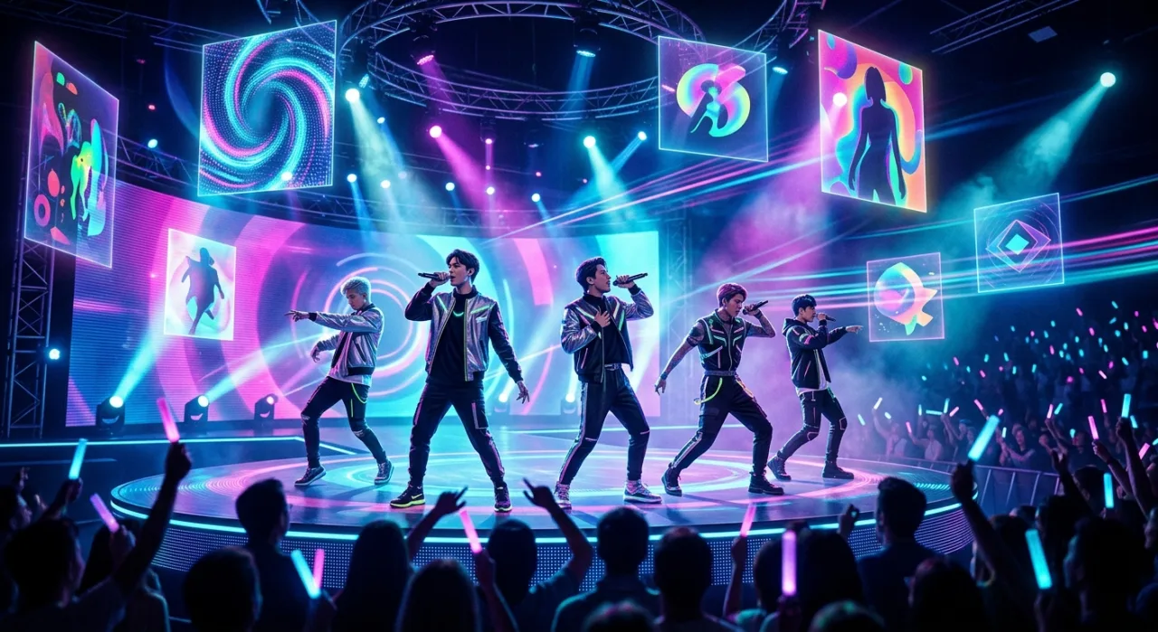 Os membros virtuais de PLAVE posam ao lado da capa neon do mini‑álbum “HYPERDRIVE”, com gráficos de vendas em alta