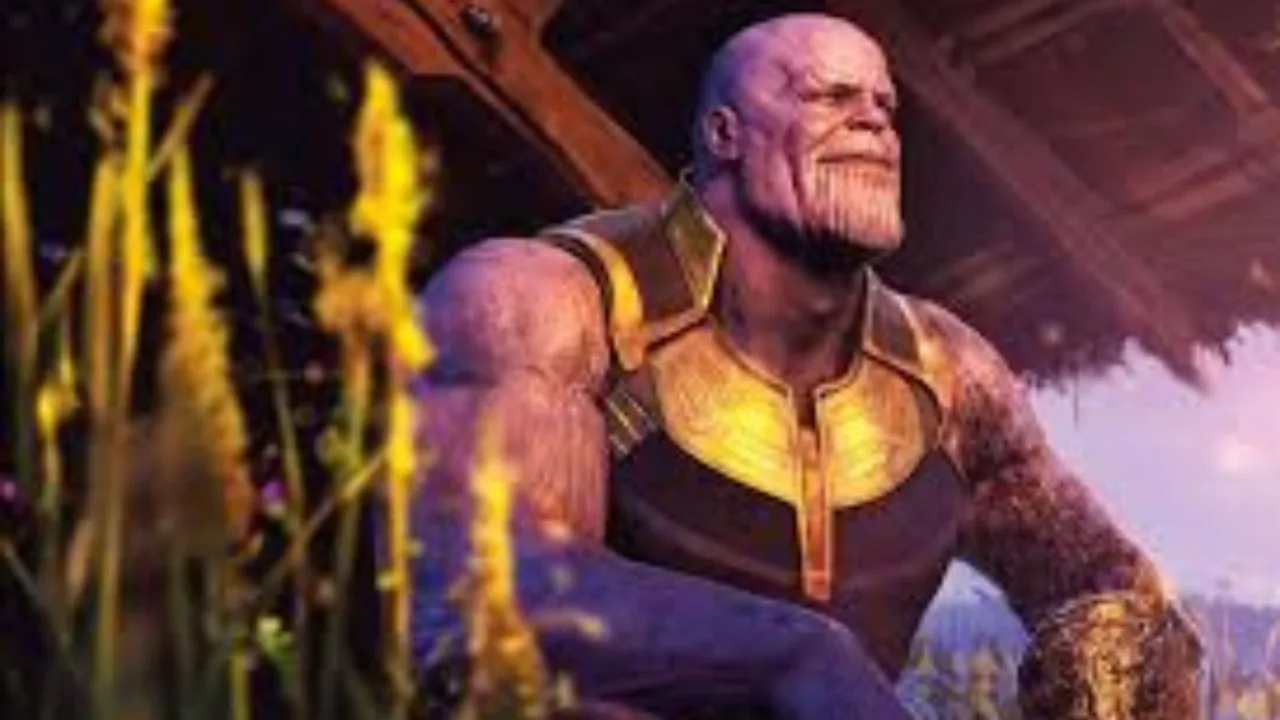 Thanos, com a Manopla do Infinito, encará Doom, usando armadura verde e máscara, em fundo cósmico