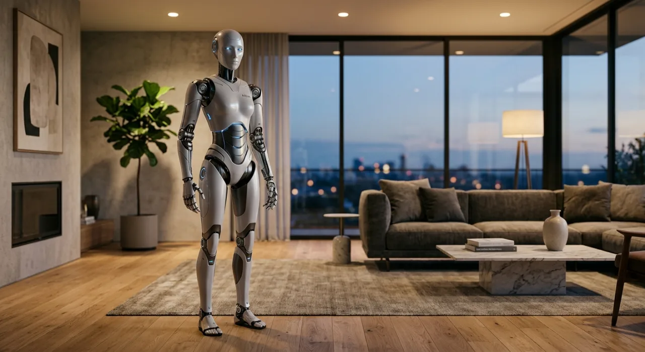 Robô bípede Voxel bot da Tuesday Labs em destaque, com design futurista, ao lado do logotipo da empresa