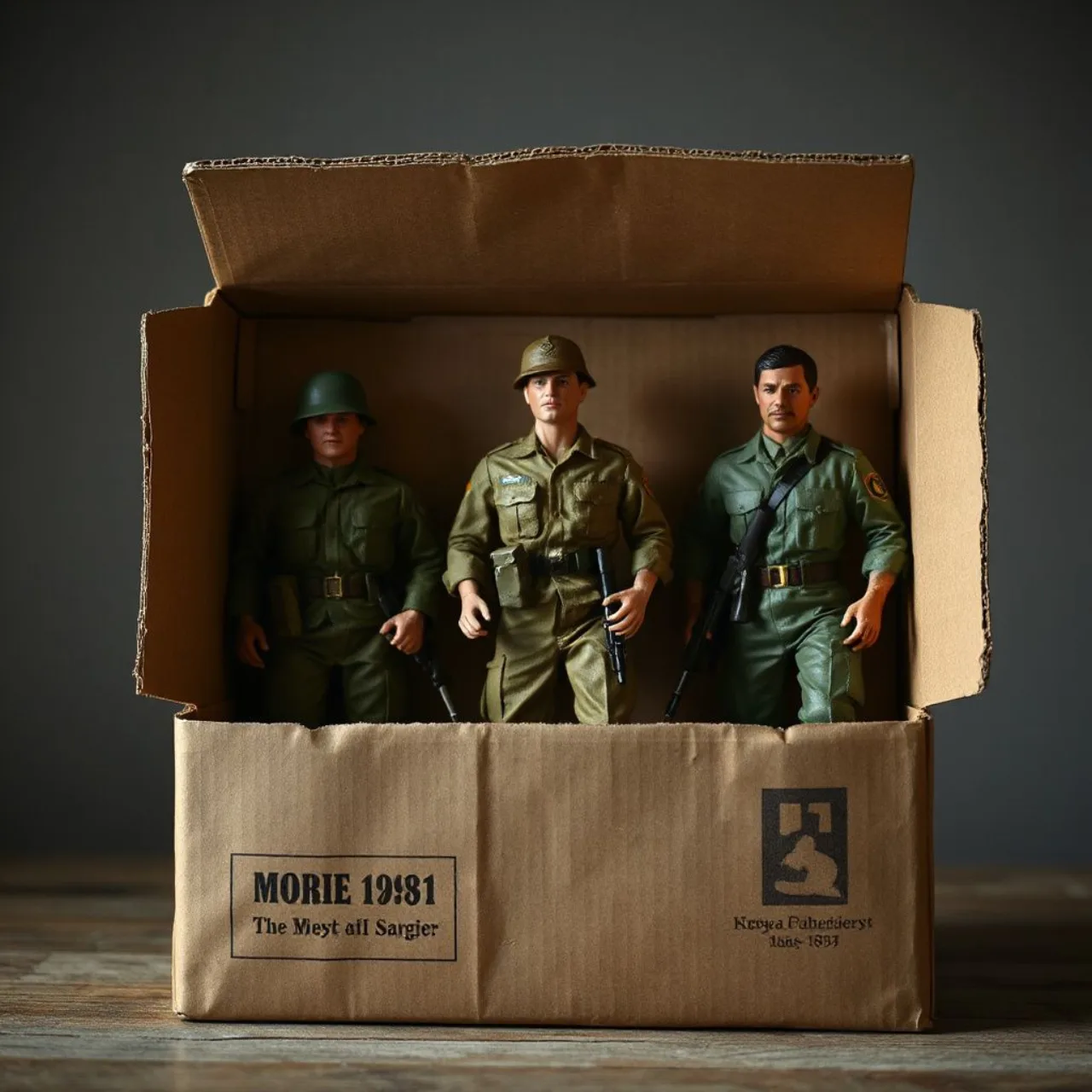 Três action figures G.I. Joe de 1982 ainda na caixa original JCPenney, exibidas ao lado do logo da Heritage Auctions
