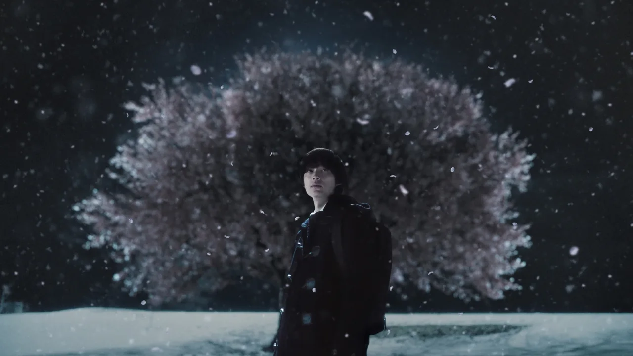 Poster com protagonista masculino em uniforme escolar, sob cerejeiras, título '5 Centimeters per Second' e logo GKIDS