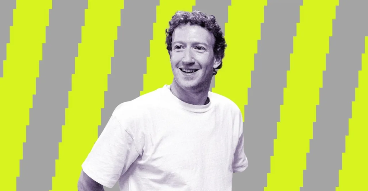 Mark Zuckerberg no palco, ao lado de um holograma de IA e um par de óculos inteligentes da Meta