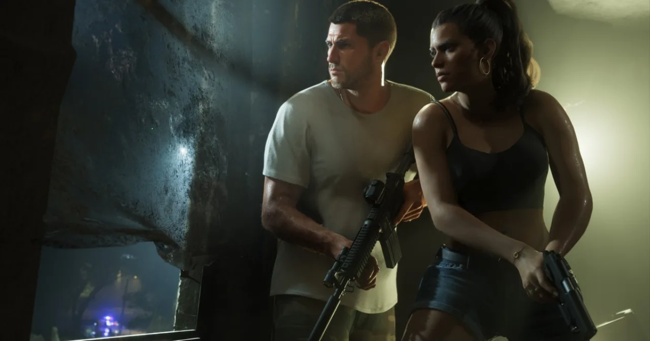 Logotipo da Rockstar Games ao lado de um martelo de juiz, sugerindo o hearing sobre demissões de GTA VI