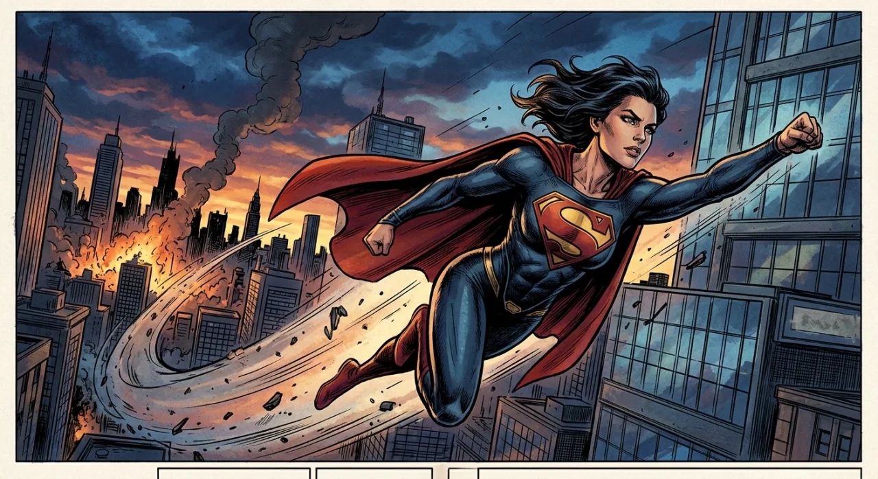 Superman voando sobre um mural com retratos de Jerry Siegel, Otto Binder, John Byrne, Dan Jurgens e Grant Morrison
