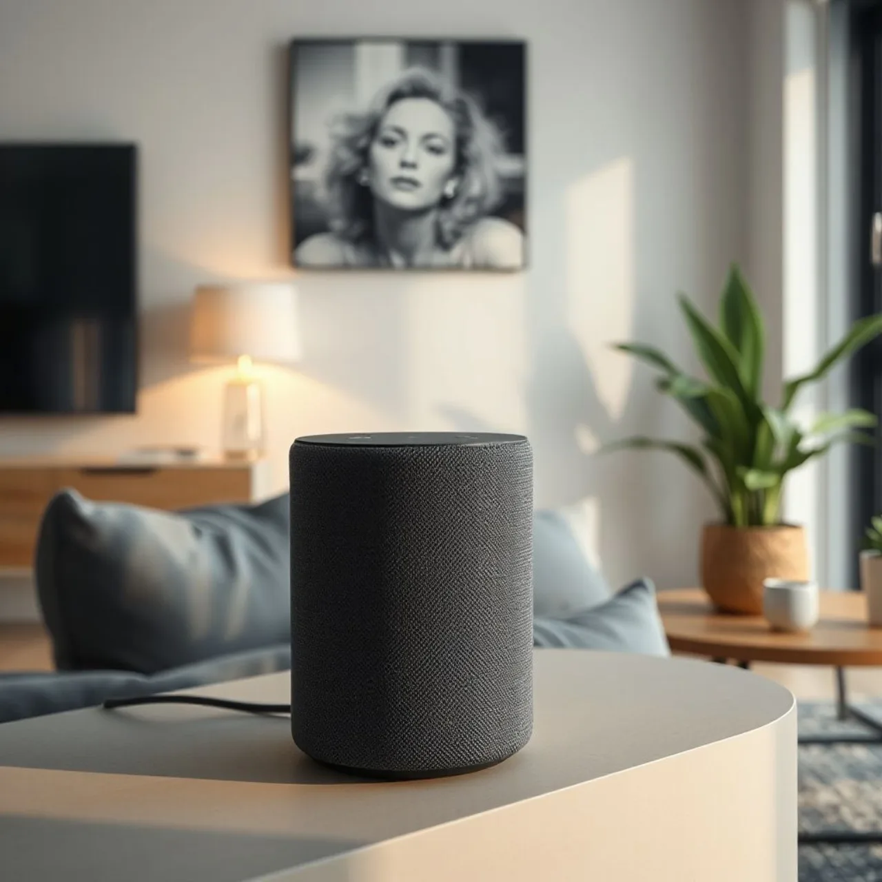 Echo Studio cilíndrico com lente de câmera 13MP no topo e anel de luz Alexa+