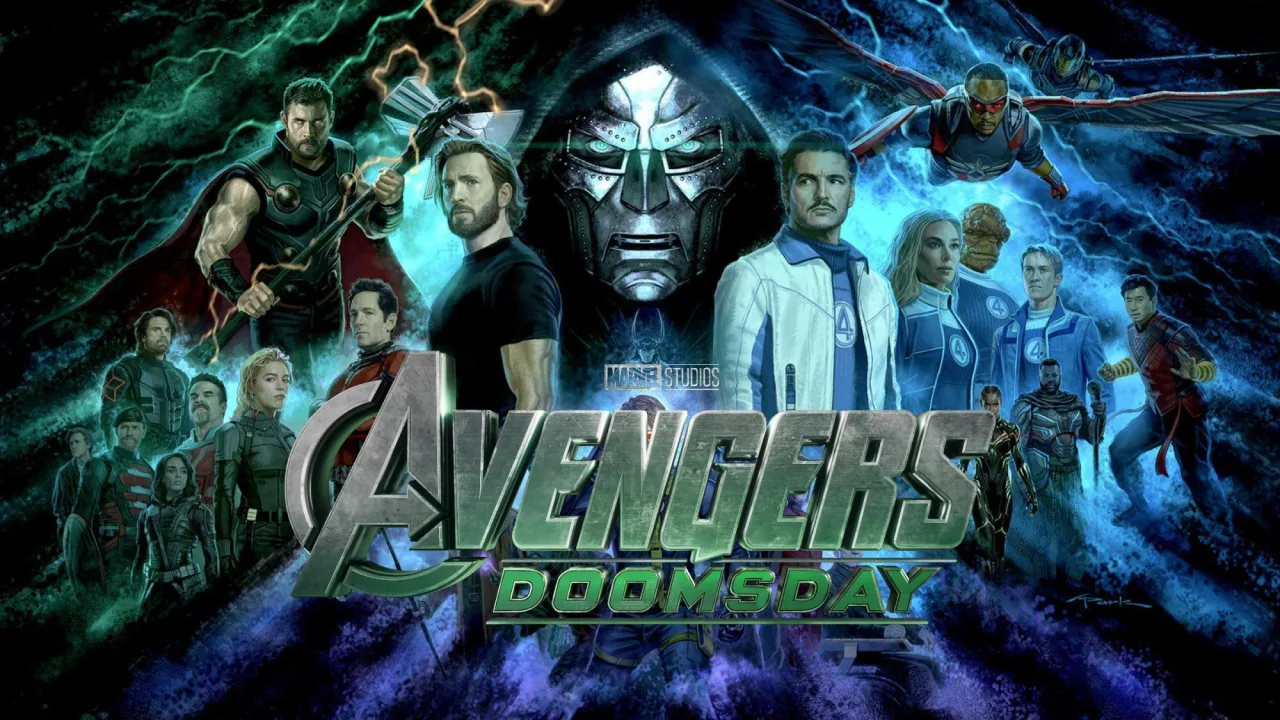 Bal​de de pipoca vermelho e verde com o símbolo da máscara do Doutor Destino ao lado do logo do filme Avengers: Doomsday