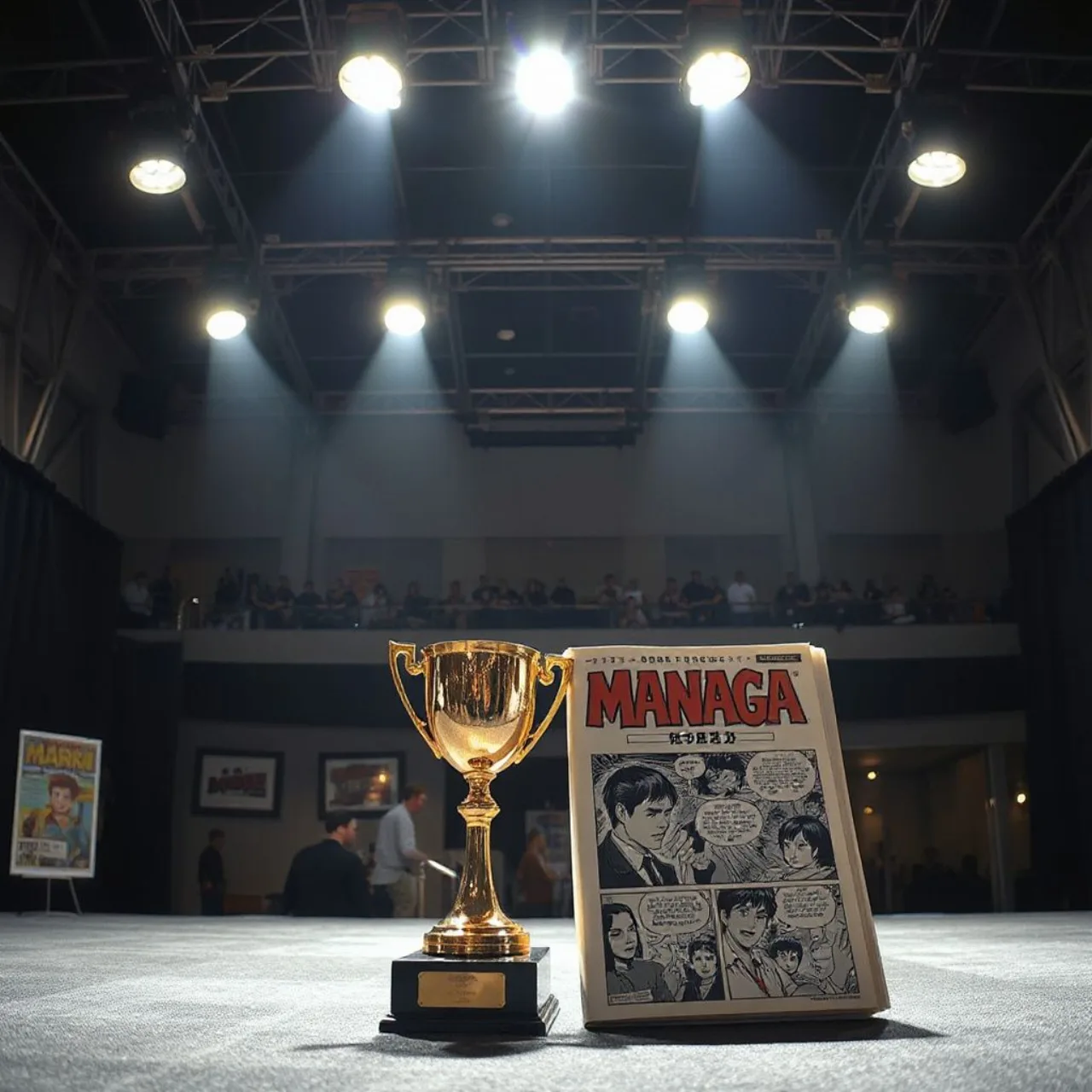 Capa de Billy Bat ao lado do troféu Harvey, com banners da New York Comic Con ao fundo