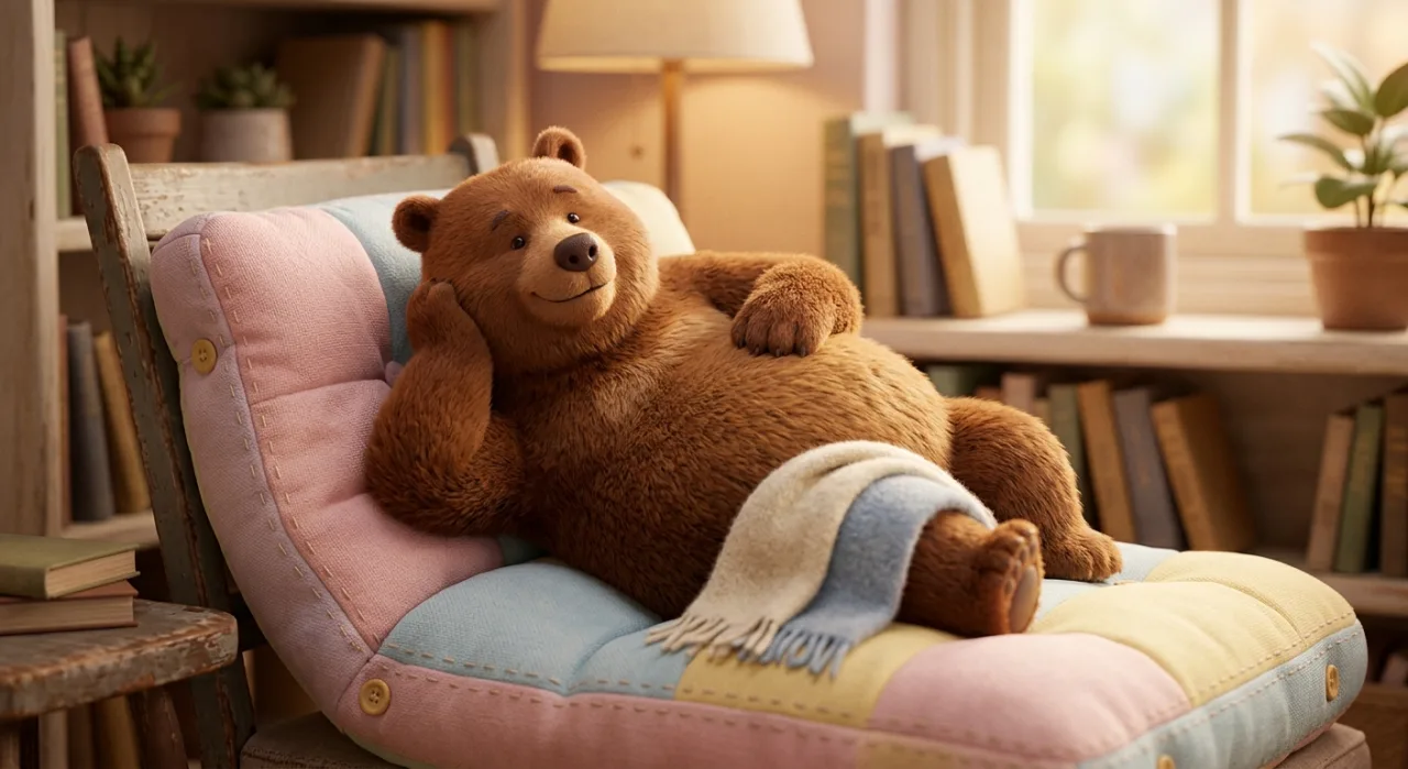 Rilakkuma, Korilakkuma e Kiiroitori à mesa cheia de comida, com o subtítulo 'Ki Mama ni Manpuku Biyori