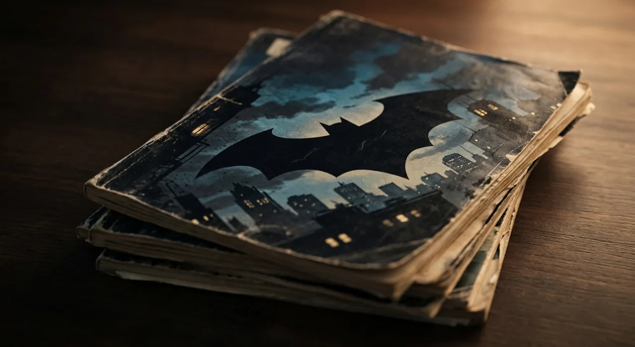 Capa dos cinco comics do Batman, com o símbolo do morcego e artes de Year One, The Killing Joke e Batman: Ano Um