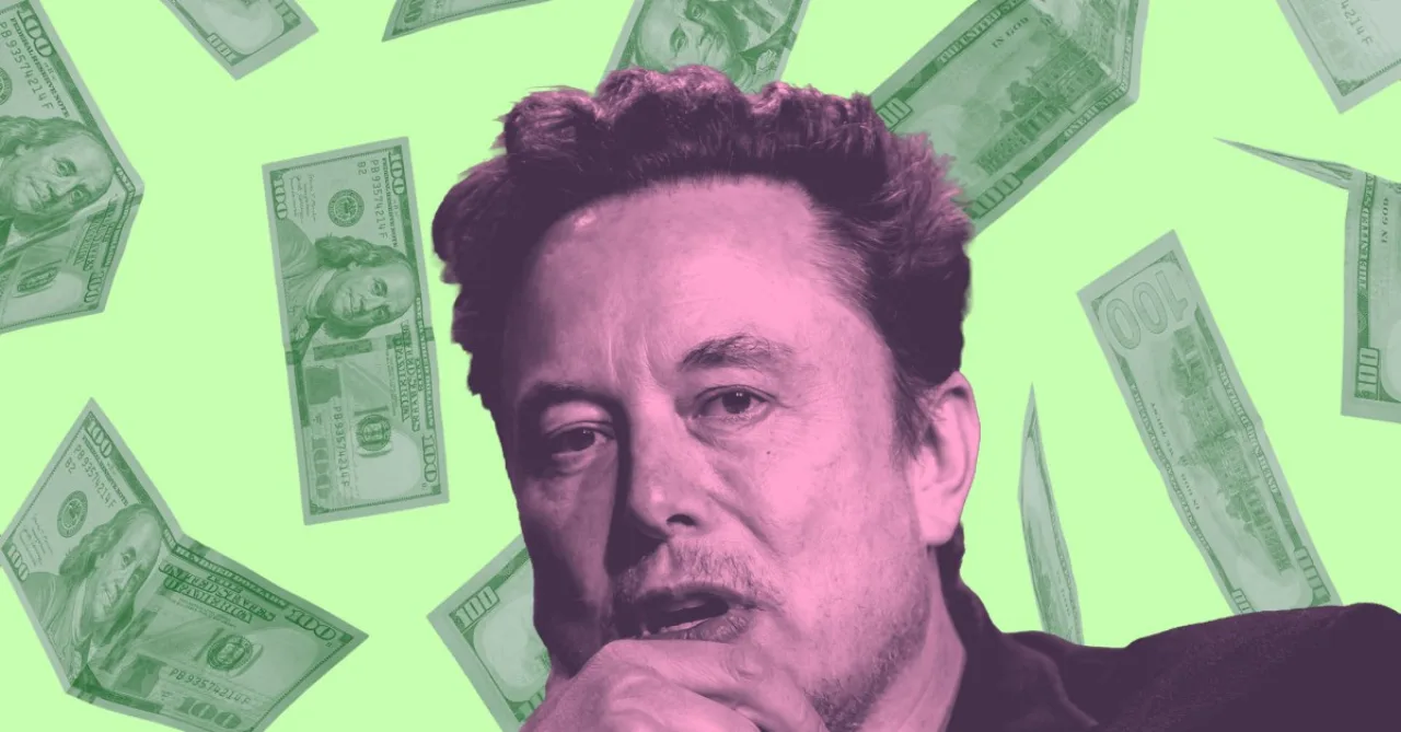 Elon Musk ao lado de Donald Trump, com o logo da SpaceX e um foguete ao fundo, simbolizando a doação de ações