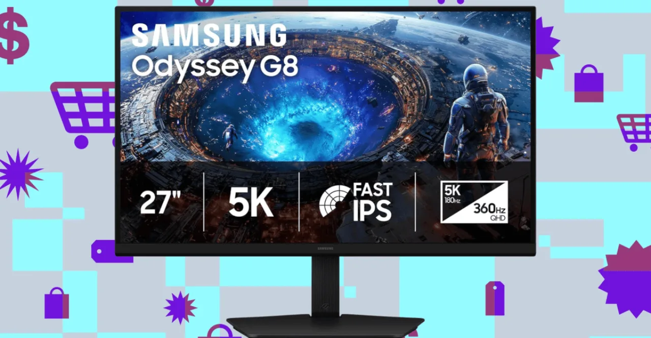 Monitor Samsung Odyssey G80HF 27” 5K em destaque, com logo da Samsung e cena de jogo vibrante ao fundo