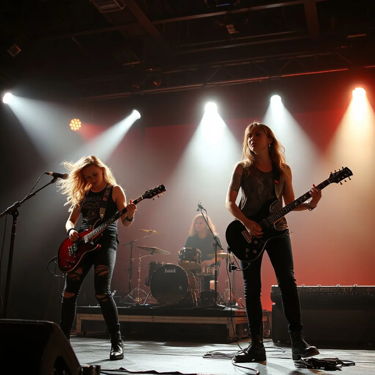 Membros da Lovebites com guitarras e bateria, em palco escuro, sob luzes vermelhas e o logo da banda ao fundo