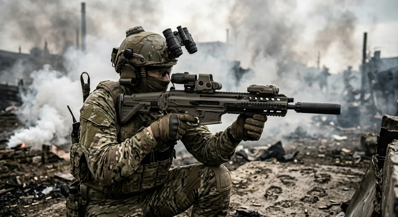 Soldado de Modern Warfare 4 segurando um rifle marksman, um fuzil de assalto e uma shotgun, com o logo do jogo ao fundo