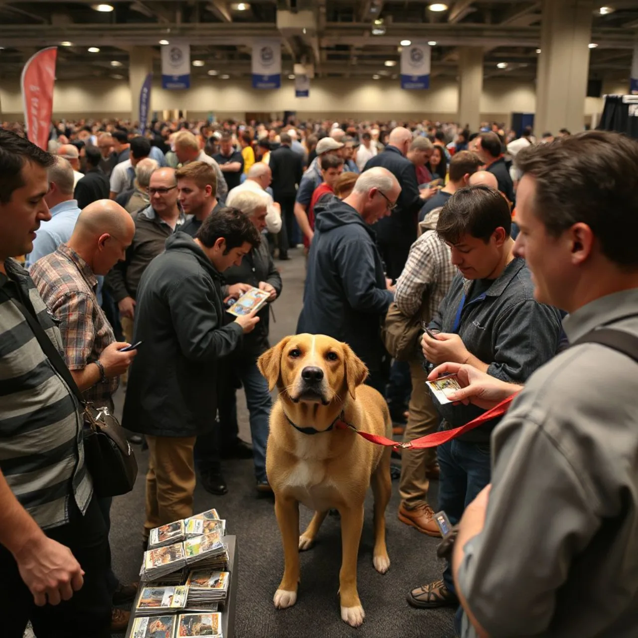 Um cachorro da raça Snubbull ao lado de uma carta rara de Pokémon sobre a mesa de um evento de colecionadores