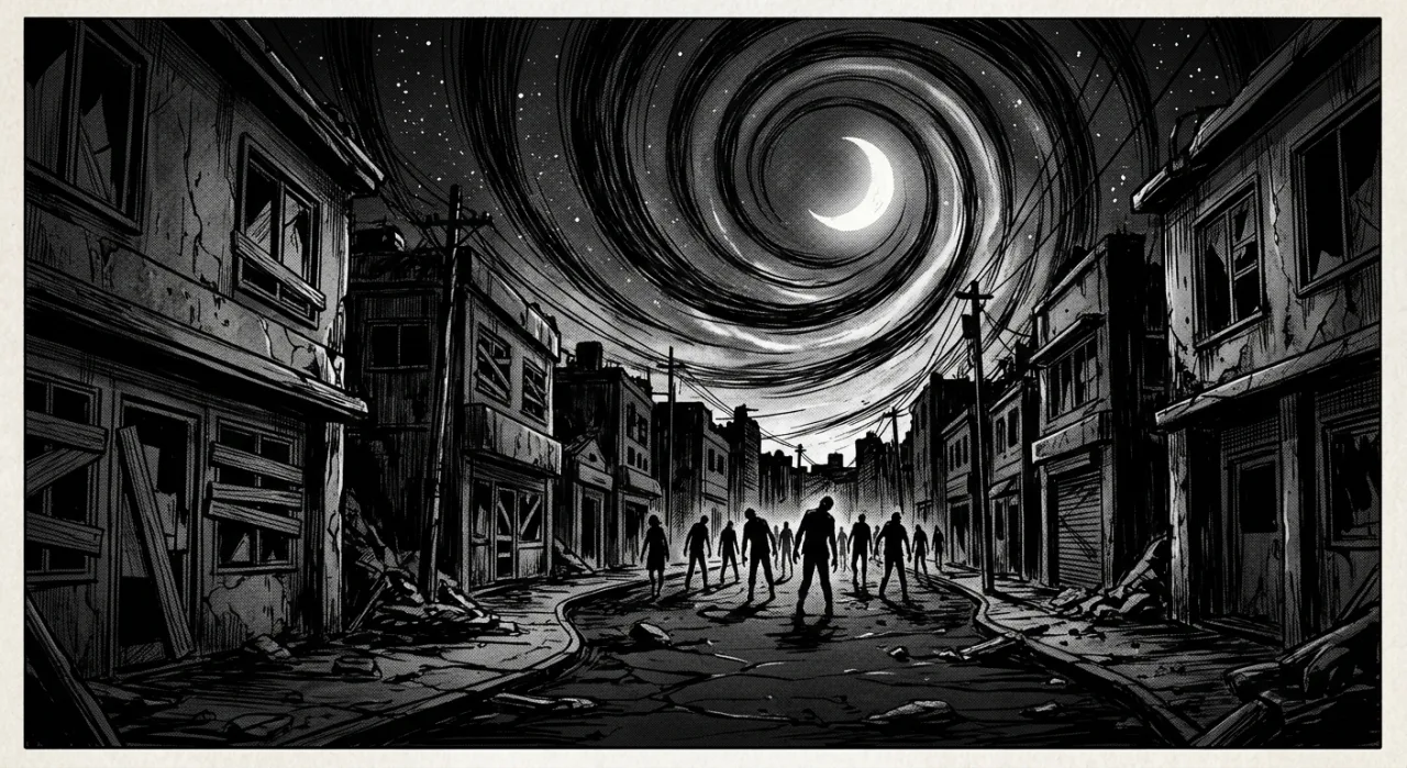 Capas sombrias de Uzumaki, The Promised Neverland e Zom 100 ao lado do logo da Hulu em fundo de Halloween