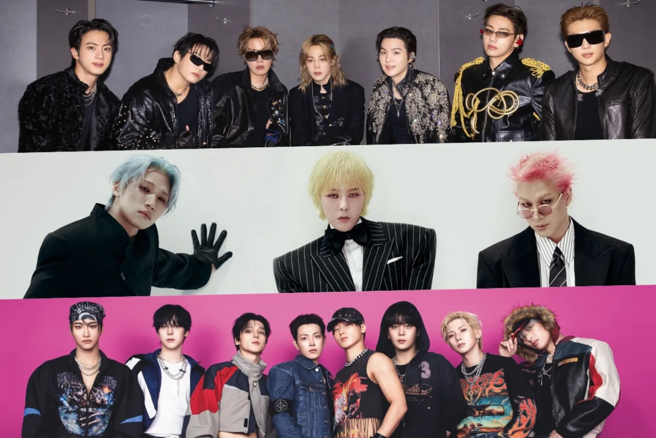BTS posicionado no topo de um gráfico de ranking, ao lado dos nomes BIGBANG e ATEEZ em destaque
