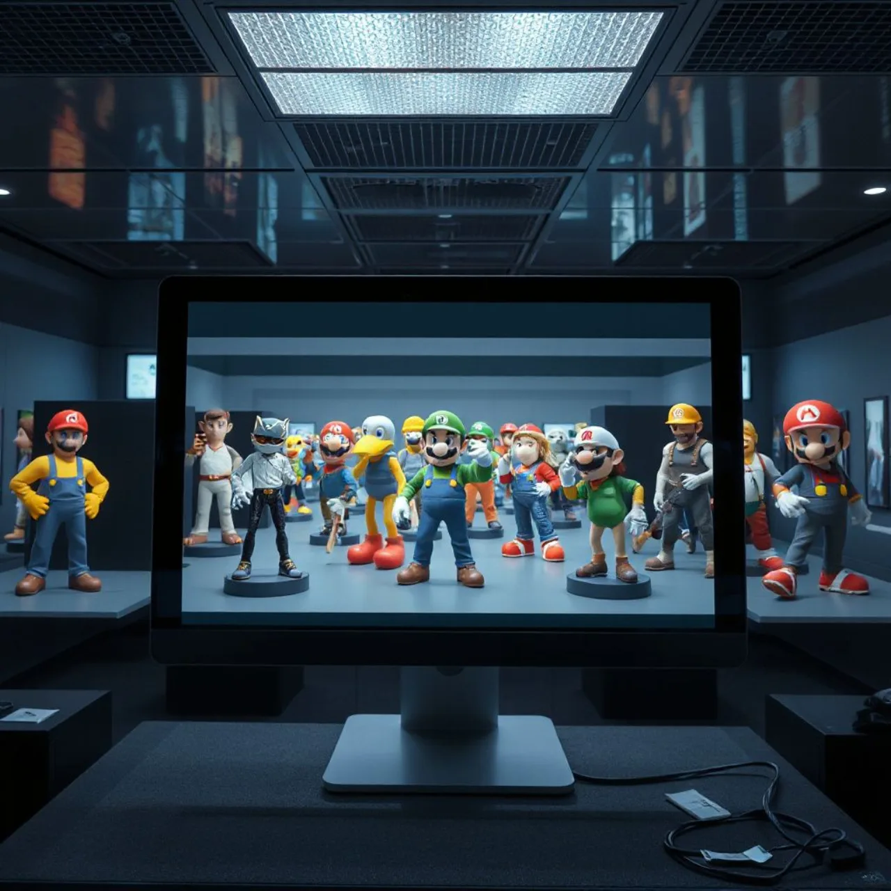 Tela de computador mostra modelos 3D de Cloud, Mario e personagens de PS1 ao lado do logo da Pardall Library