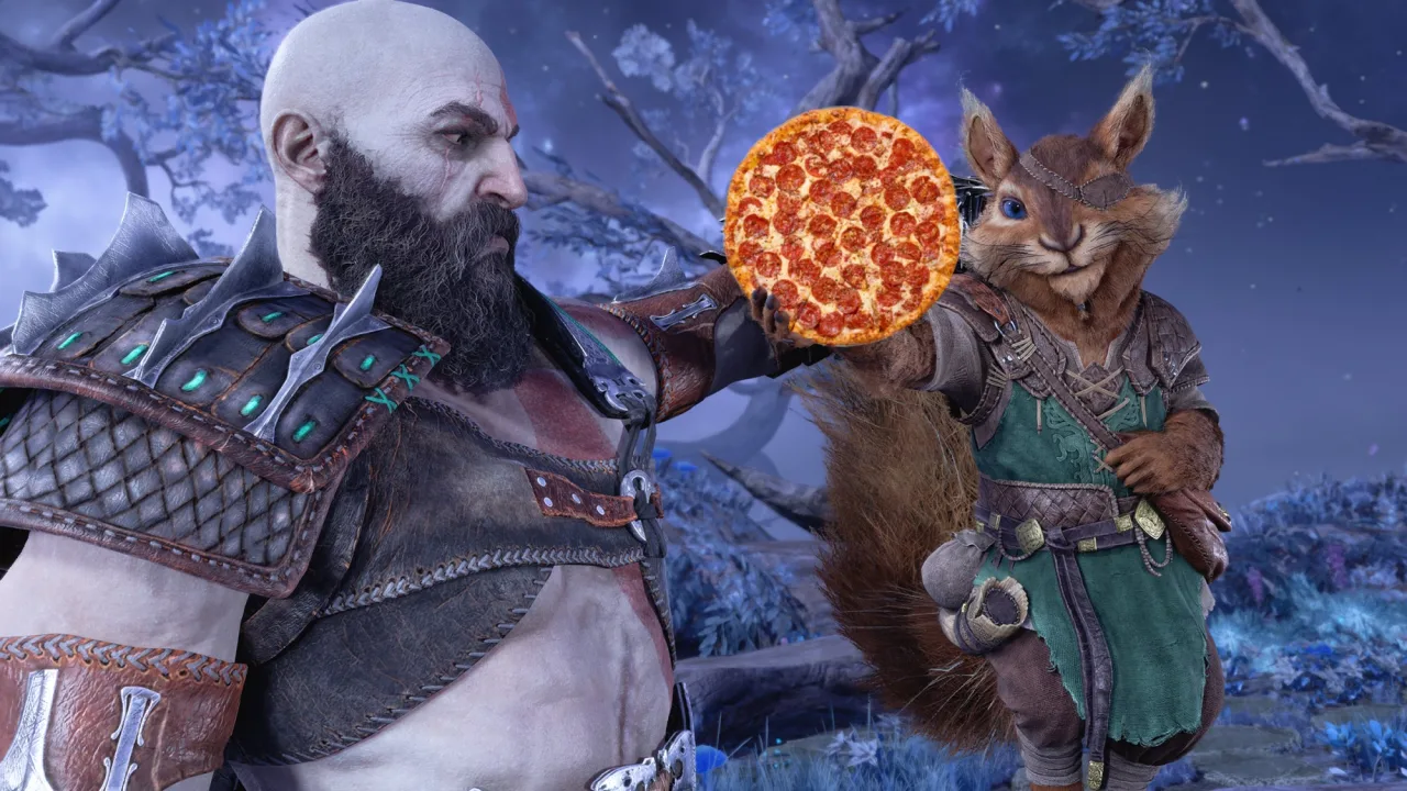 Kratos em pose de batalha, segurando as lâminas duplas, com o nome “Dominus” escrito ao fundo