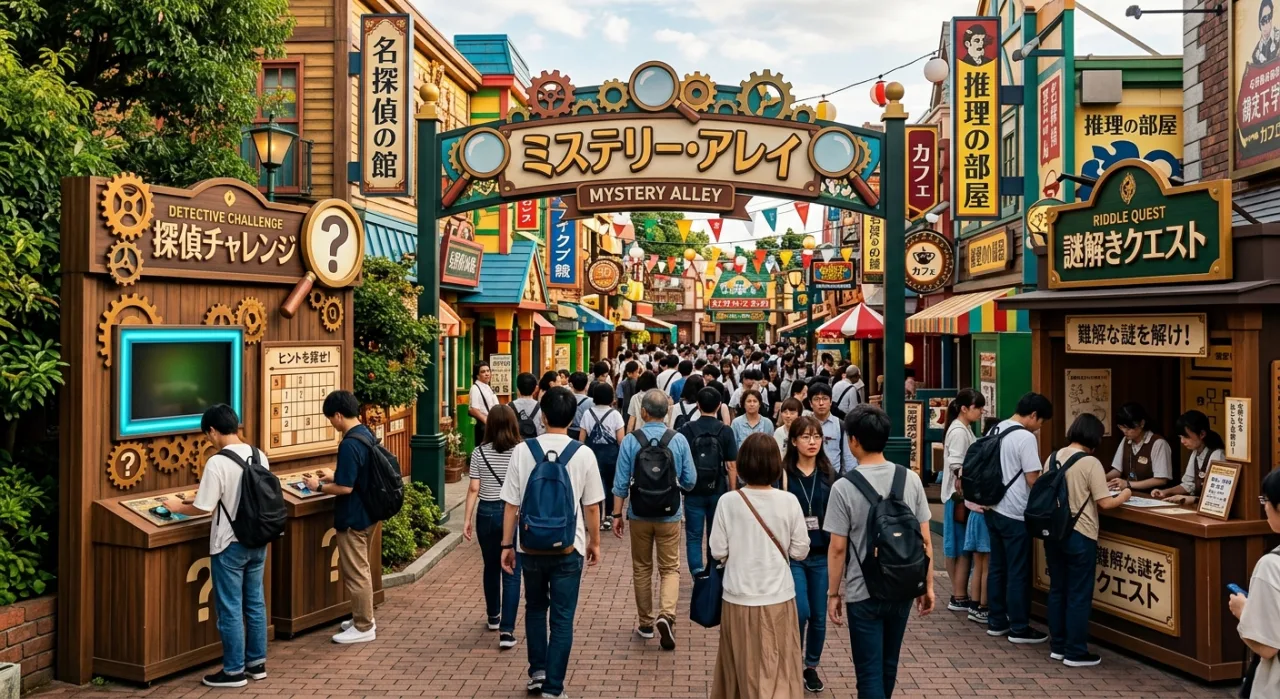Conan e Ran ao lado do letreiro “Detective Conan World” no Universal Studios Japan, com ícones das três atrações