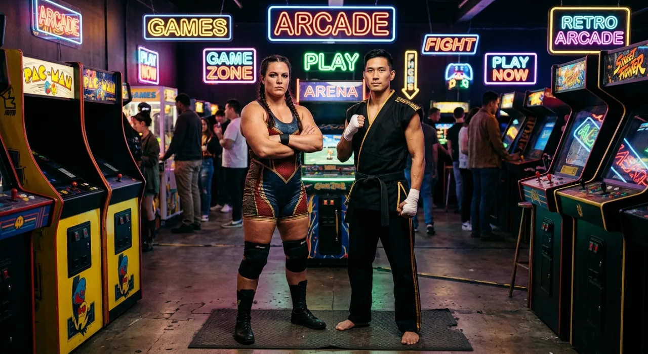 Ryu e Chun‑Li em trajes de WWE, dentro do ringue, ao lado dos logos WWE 2K26 e Street Fighter