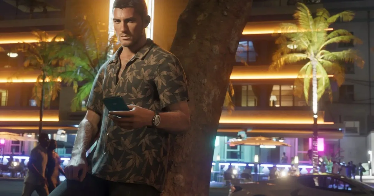 Logo de GTA 6 sobre fundo de cidade noturna, ao lado de um avatar hacker com capuz segurando um ícone de Bitcoin