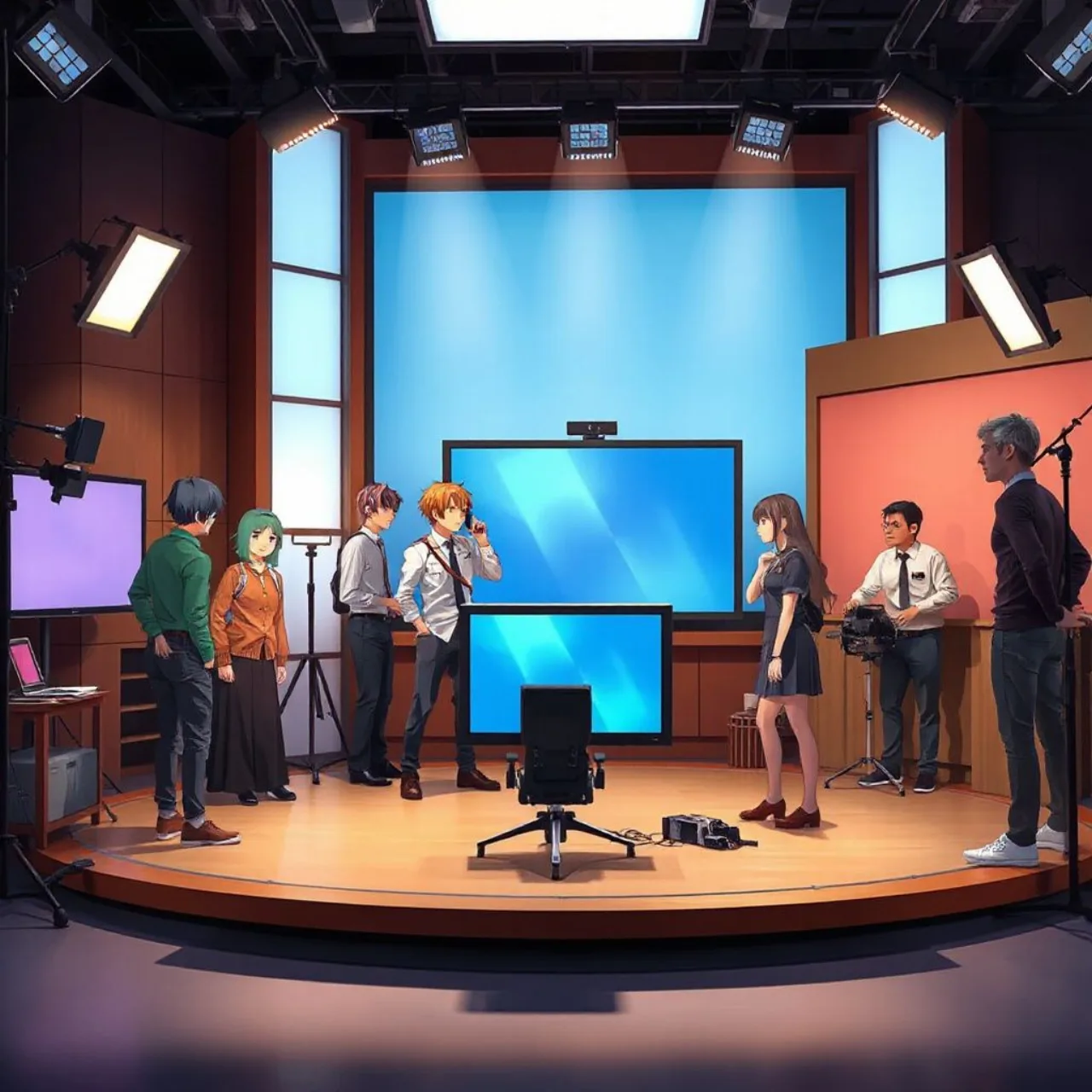 Personagens de anime estilizados ao lado do logotipo da Plott, exibidos em uma tela de TV aberta japonesa