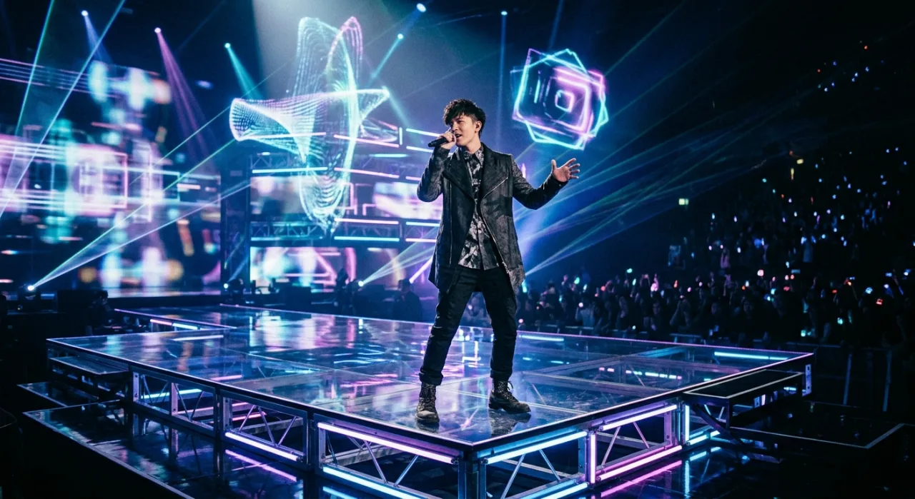 Onew aparece em close, vestindo traje futurista, com luzes neon ao fundo, segurando o microfone do single 'Chakgak