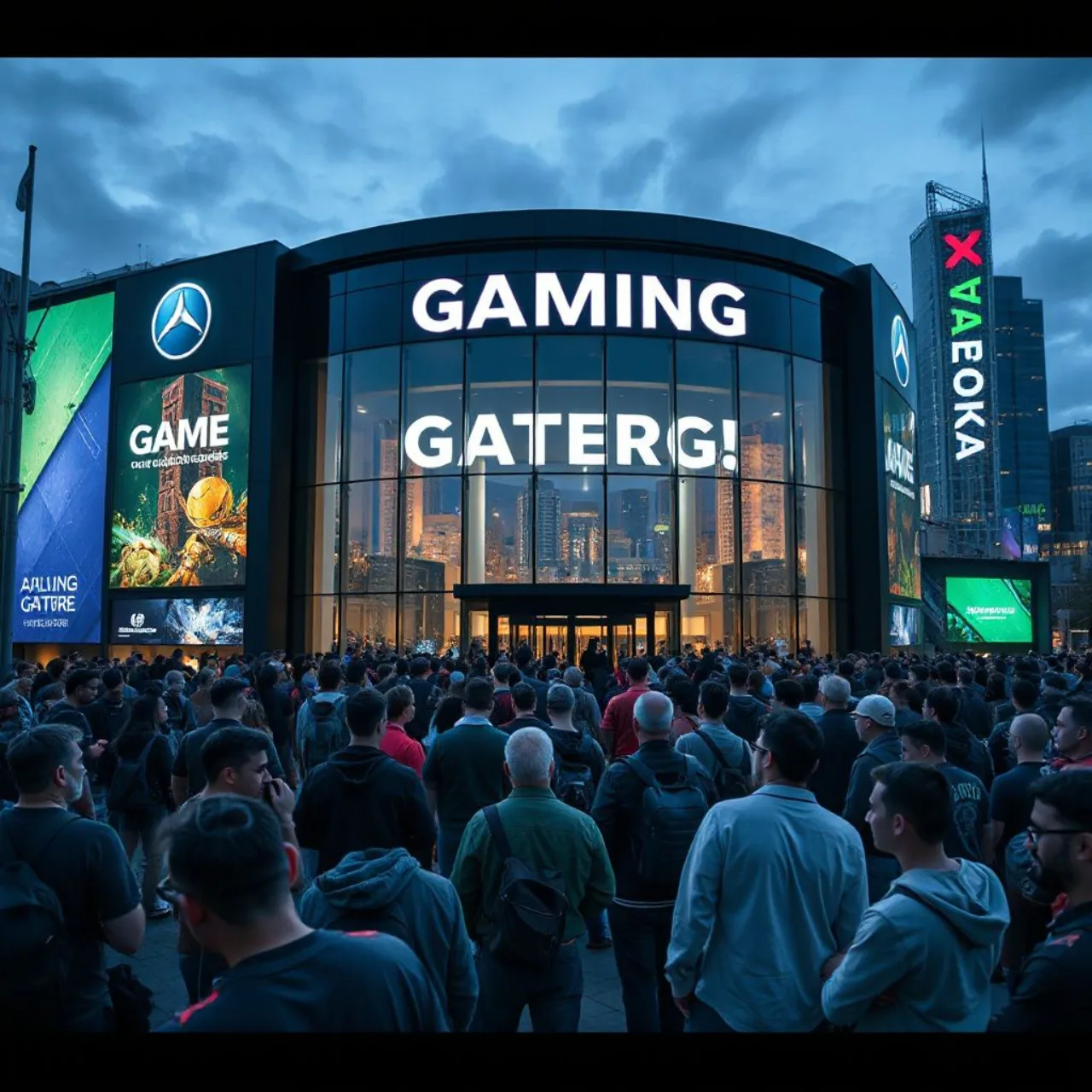 Cenário com o Space Needle ao fundo, palco iluminado em verde e banner da Xbox celebrando 25 anos