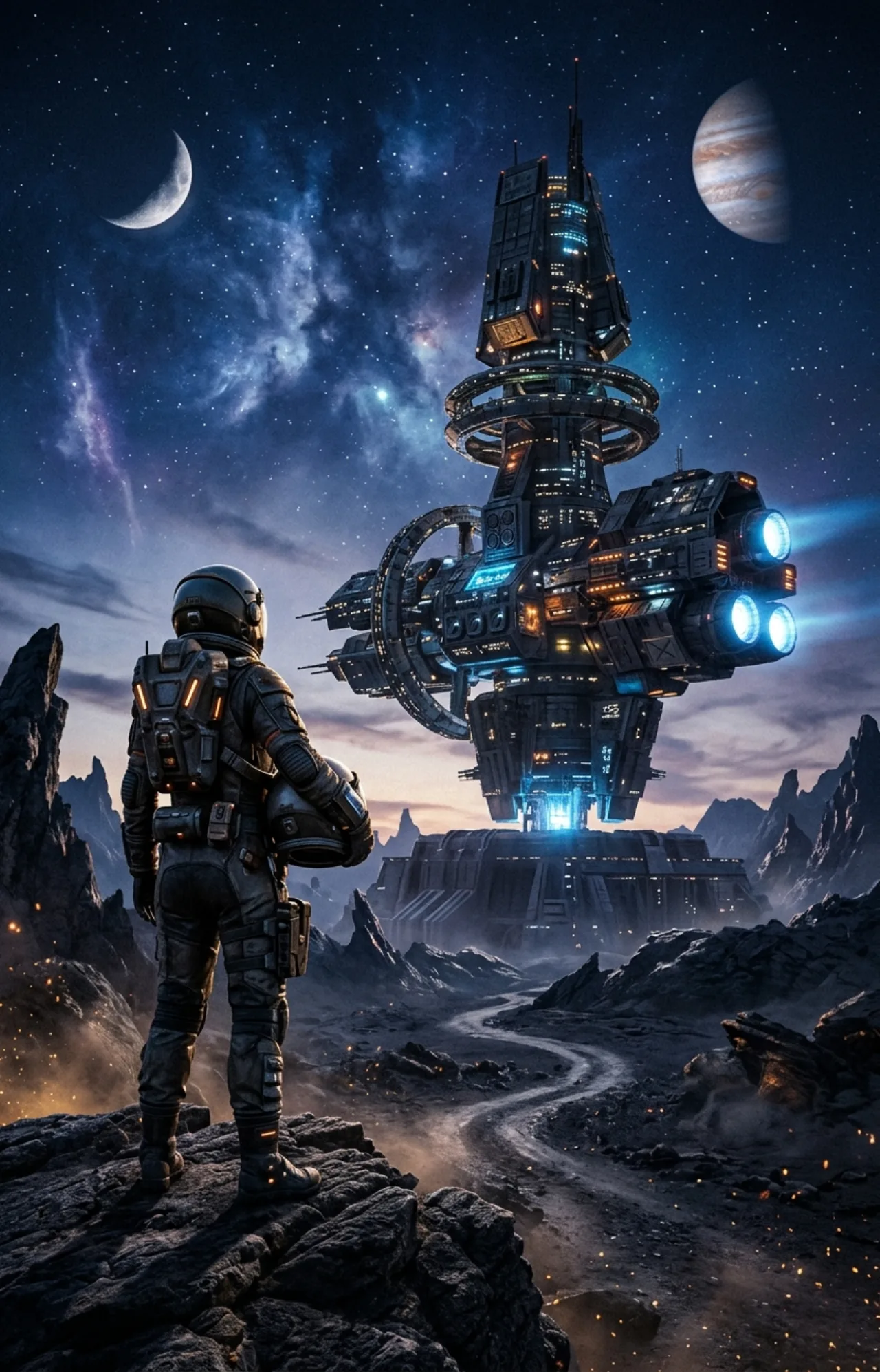 Capa dos volumes 1 e 2 de Reborn as a Space Mercenary, com protagonista em traje espacial e nave ao fundo