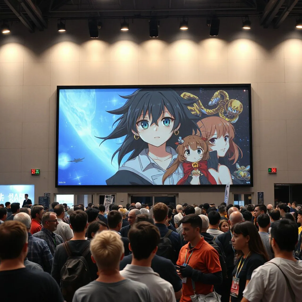 Protagonista de SSS-Class Revival Hunter, de expressão arrogante, em um palco da NYCC 2026 com banner da convenção